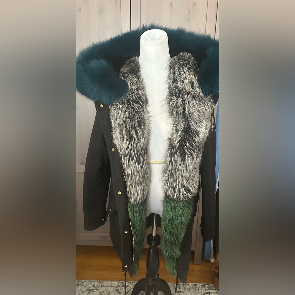 Moose Knuckles Black Jacket with Green and Gray Fur Trim